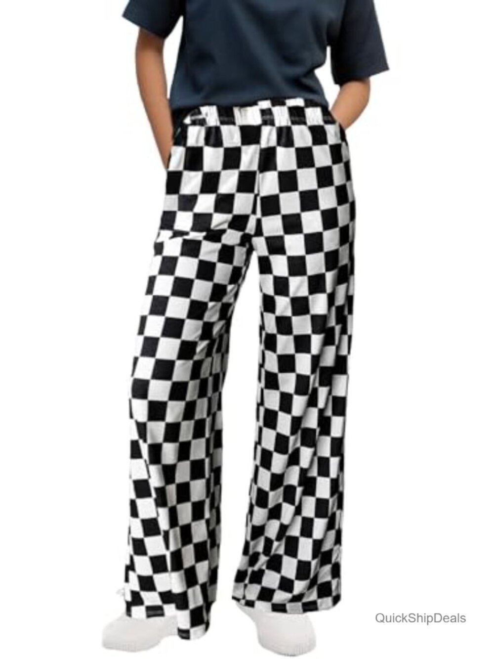 Women's High Waist Checkered Wide Leg Palazzo Pants Elastic Waist Y2K Trousers
